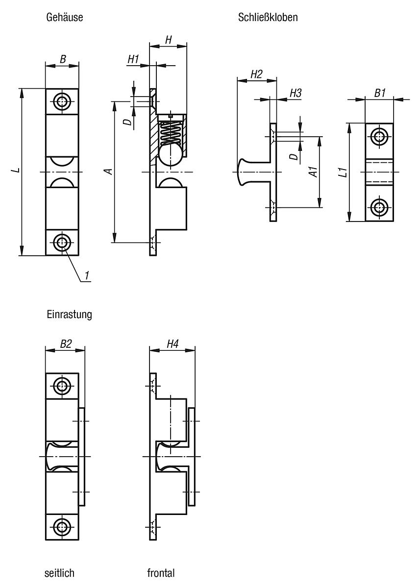 Norelem 03075-702 DOPPELKUGELSCHNÄPPER, L=70, B=13, H=17, A=60, EDELSTAHL 1.4401 GESTRAHLT, KOMP:KUGEL AUS EDELSTAHL - NLM 03075 Doppelkugelschnaepper - Massblatt