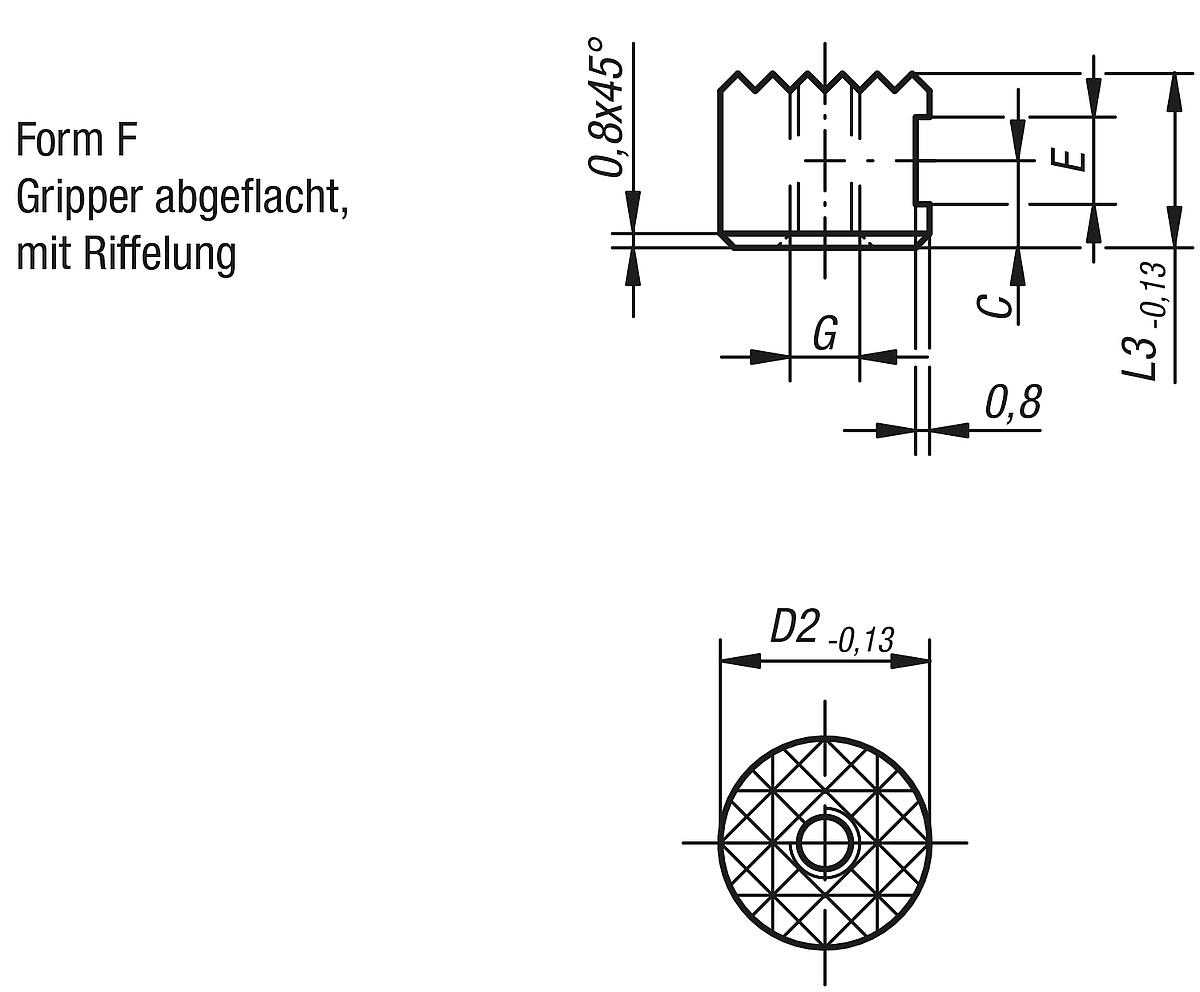 Norelem 07113-1212 GRIPPER RUND FORM F, D2=12, L3=12 - NLM 07113-F Grippers rund Form F - Massblatt