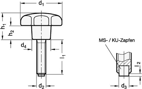 Ganter 6336.10-25-M5-10-KU STERNGRIFFSCHRAUBE MIT KUNSTSTOFFZAPFEN - GN 6336-10 Sterngriffschrauben mit Druckzapfen-Skizze