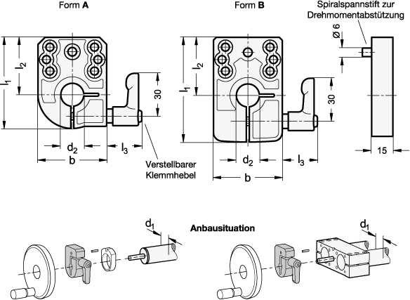Ganter 9734-30-A  Klemmplatten, Zink-Druckguss, für konfigurierbare Lineareinheiten, Durchmesser d1: 30, Form: A - für mechanische bzw. ohne Stellungsanzeiger, b: 33 - GN 9734 Klemmplatten - Zink-Druckguss - fuer konfigurierbare Lineareinheiten - Massblatt