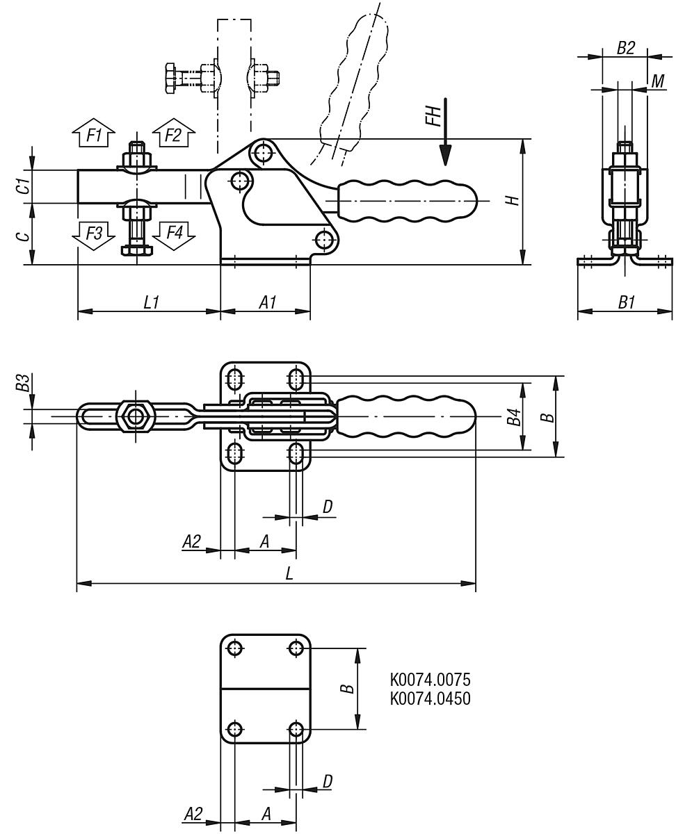 Kipp K0074.0450 SCHNELLSPANNER HORIZONTAL, MIT WAAGRECHTEM FUSS, P=450 daN - K0074 Schnellspanner horizontal mit waagrechtem Fuss und verstellbarer Andruckspindel -Massblatt