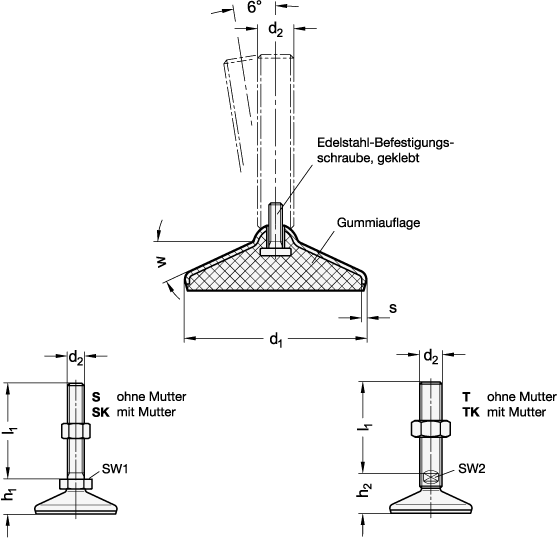 Ganter 18-60-M16-200-C3-T  Stellfüße, Edelstahl 1.4404 (A4), FDA-konform, Fussdurchmesser d1: 60, Gewinde d2: M 16, Länge l1 (T/TK): 200 - GN 18 Stellfuesse - Edelstahl A4 - FDA-konform - Massblatt
