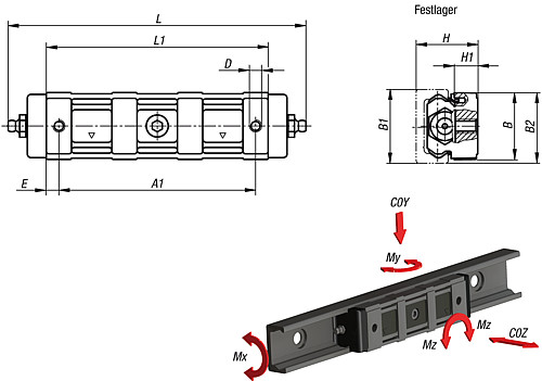 Norelem 21322-2128088 ROLLENFÜHRUNGSWAGEN, ALUMINIUM, FESTLAGER - Norelem 21322-F Festlager