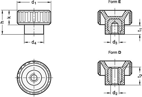 Ganter 590.5-20-M5-D Rändelmuttern mit Edelstahl Gewindebuchse - GN 590-5 Raendelmuttern mit Edelstahl Gewindebuchse-Skizze