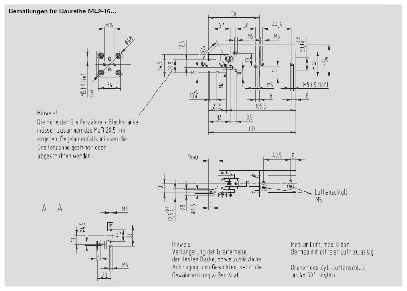 DESTACO 84L2-110000000 Kurvenklemmgreifer Grundmodell - 84L2-1 Kurvenklemmgreifer Bemassung fuer Baureihe 84L2-16