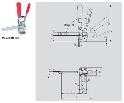 DESTACO 210-TUB Vertikal-Kniehebelspanner Haltekraft 2800 N - 3400 N, Öffnungswinkel 105° - 210-SR Vertikalspanner - massiver Spannarm - Fuss abgewinkelt - mit Zusatzverriegelung