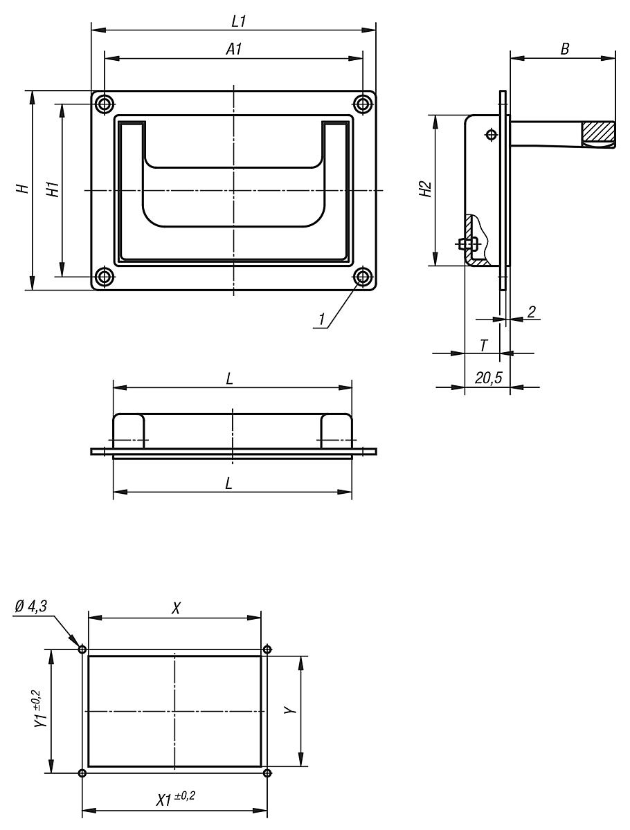 Kipp K0240.05018411 SCHALEN KLAPPGRIFF FORM A, SCHWARZ PULVERBESCHICHTET - K0240 Schalen Klappgriffe - Massblatt