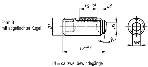 Norelem 07105-21625 KUGELDRUCKSCHRAUBE FORM B LONG LOK OHNE KOPF, D1=M16, L2=25 - Norelem 07105 Kugeldruckschrauben ohne Kopf mit abgeflachter Kugel LONG LOK gesichert