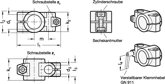 Ganter 133-B20-B10-2-BL  Kreuz-Klemmverbinder, Aluminium, Bohrung d1: B 20, Bohrung d2: B 10, Kennziffer: 2 - mit 2 Edelstahl-Zylinderschrauben ISO 4762 - GN 133 Kreuz-Klemmverbinder - Aluminium - Massblatt