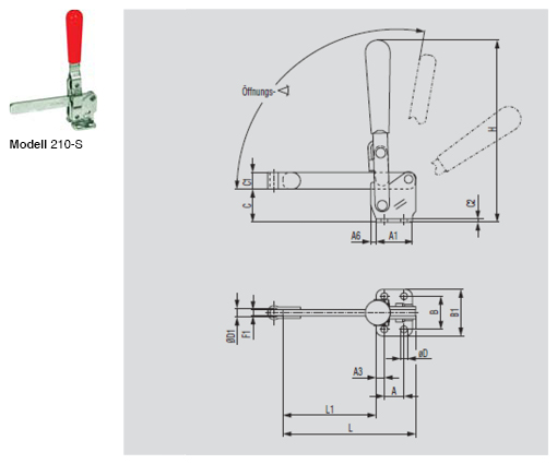 DESTACO 210-TUB Vertikal-Kniehebelspanner Haltekraft 2800 N - 3400 N, Öffnungswinkel 105° - 210-S Vertikalspanner - massiver Spannarm - Fuss abgewinkelt