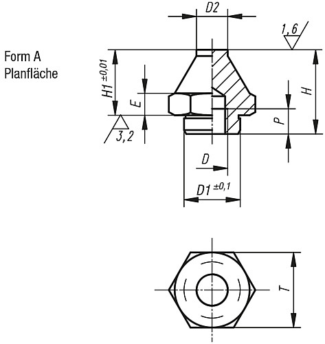 Kipp K0295.106012 AUFLAGEBOLZEN M. POSITIONIERZAPFEN, FORM A, D=M6, H1=12,5 - KIPP K0295-A Auflagebolzen mit Positionierzapfen Form A