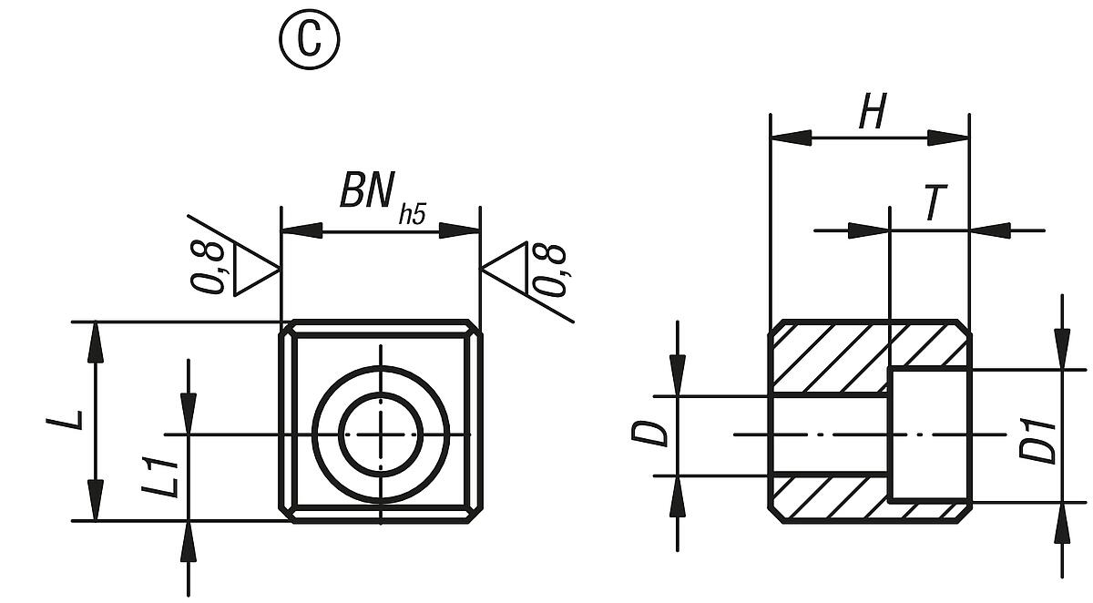 Norelem 03290-023 MITNEHMERSTEIN C, K=19,5 B=15,9 H=16 - NLM 03290-C Mitnehmersteine DIN 2079 Form C - Massblatt