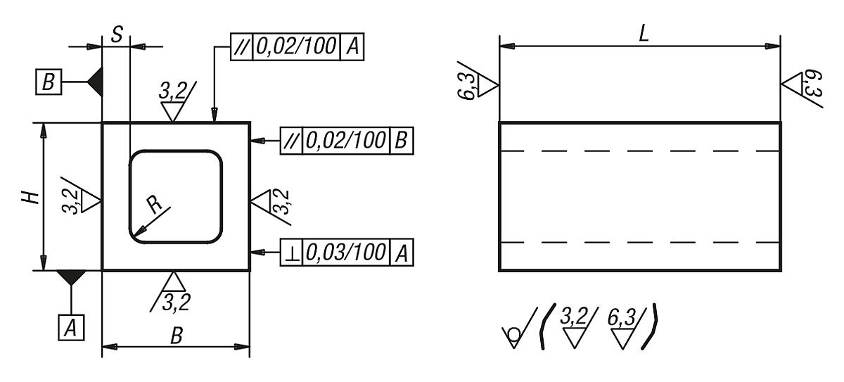 Norelem 01740-08X600 QUADRATISCHER HOHLKÖRPER GG, B=160, H=160, L=600 - NLM 01740 Quadratische Hohlkoerper Grauguss - Massblatt