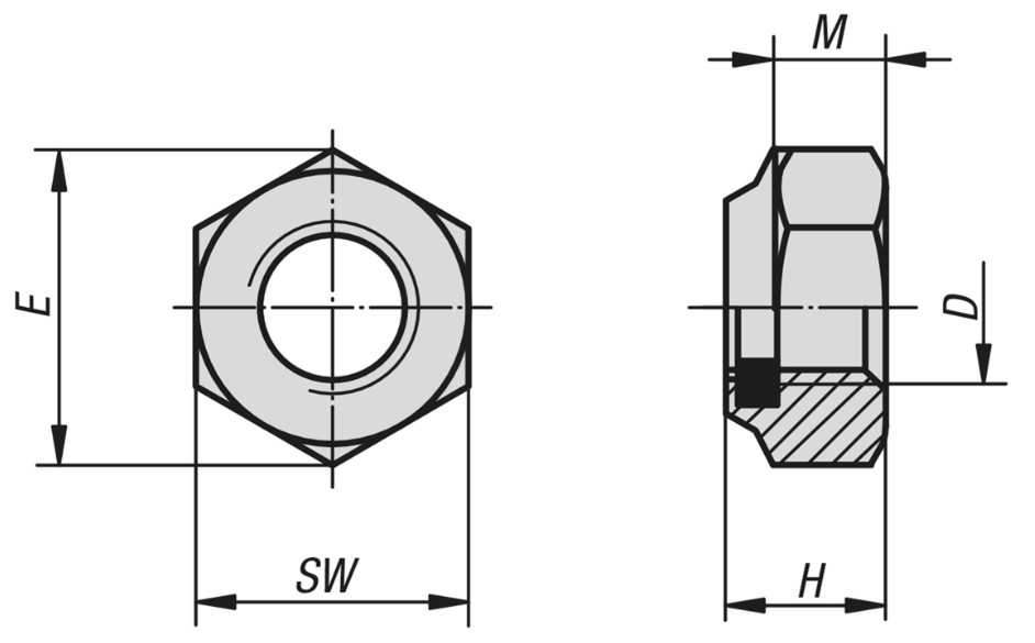 Norelem 07214-127 SECHSKANTMUTTER MIT KLEMMSTÜCK, NIEDRIGE FORM ÄHNLICH DIN985, M27, SW=41, EDELSTAHL A2 70 BLANK - NLM 07214 Sechskantmuttern mit Polyamid Klemmteil - niedrige Form DIN 985 erweitert Skizze