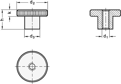 Ganter 466-M10 hohe Rändelmutter DIN 464, - DIN 466 Hohe Raendelmuttern - Stahl - brueniert-Skizze
