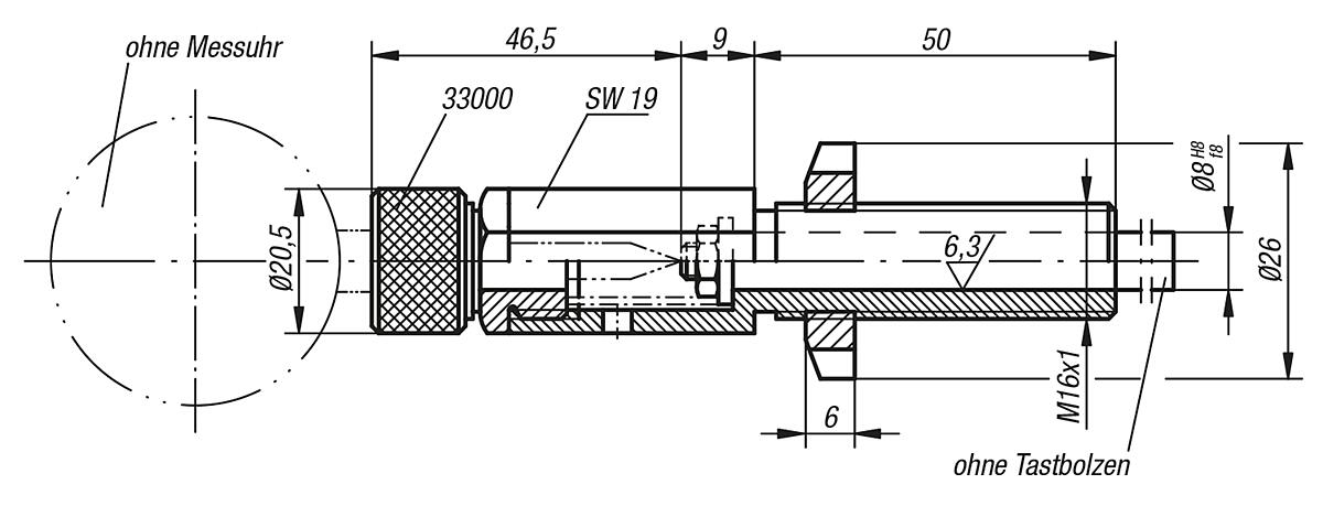 Norelem 33012-08050 MESSUHRENHALTER, KURZE AUSF. - NLM 33012 Messuhrenhalter kurze Ausfuehrung mit Gewinde - Massblatt