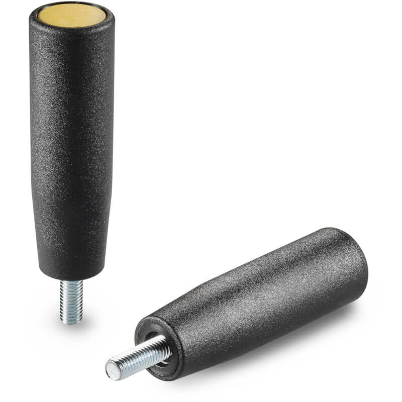 Leschhorn M240 Zylindergriffe  H 89,5; d 22; Gewinde d1 M12x30; Kunststoff PA, schwarz, Stopfenfarbe: Grau ( RAL 7035 cod. 13) - LE70229 M240 Zylindergriffe mit Aussengewinde - Stopfenfarbe Gelb - RAL 1021 cod 10- - Abbildung
