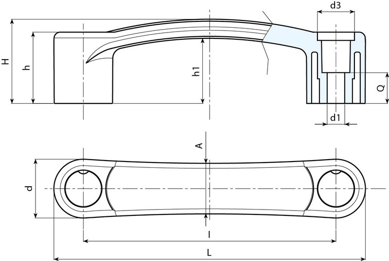 Leschhorn B324 Bügelgriffe  l 117; L 145; Bohrung d1 8,5; Kunststoff PA, schwarz, Mittelstopfen schwarz *SONDER - Boteco B324 Rohrgriffe