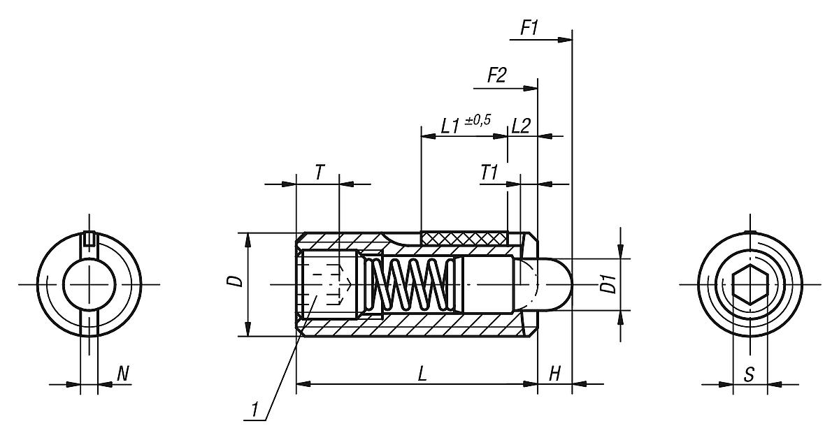 Norelem 03051-05 FEDERNDES DRUCKSTÜCK  M5, BOLZEN KUNSTSTOFF, LONG LOK - NLM 03051 Federnde Druckstuecke-Innensechskant-Druckbolzen-Standard Federkraft-LONG LOK-Massblatt