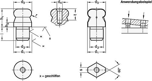 Ganter 6322-10-7-C AUFNAHMEBOLZEN MIT KUGELANSATZ, ABGEFLACHT - GN 6322 Aufnahmebolzen mit Kugelansatz-Skizze