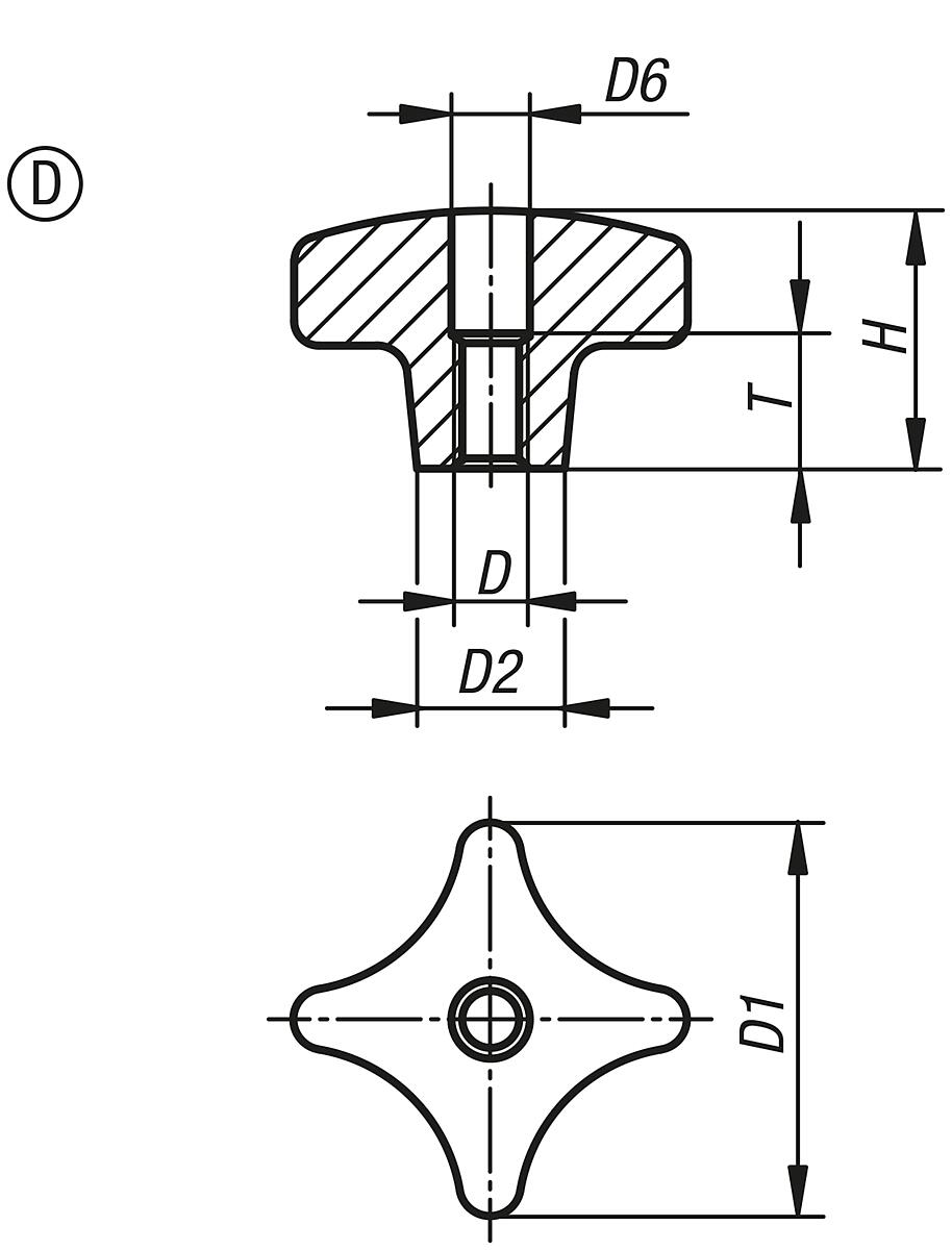 Kipp K0145.408016 KREUZGRIFF FORM D, D1=80, D5=M16, ALU, GEROMMELT - K0145-D Kreuzgriffe aehnlich DIN 6335 aus Aluminium - Form D - Massblatt