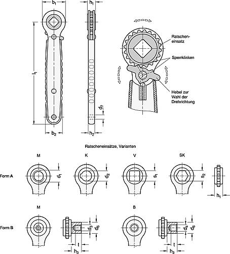Ganter 318-178-B10-B Edelstahl Ratschenspanner mit Durchgangs  / Sackloch - GN 318 Edelstahl Ratschenspanner mit Durchgangs - Sackloch-Skizze