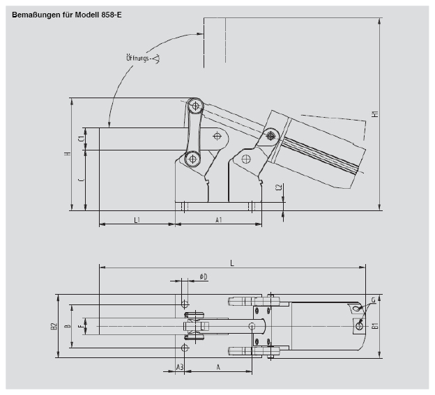 DESTACO 858-E Standard Kraftspanner Haltekraft 17800 N; horizontaler Zylinder  Massiver-Spannarm (Sensor 8EA-109-1 separat bestellen) - 858 Standard Kraftspanner