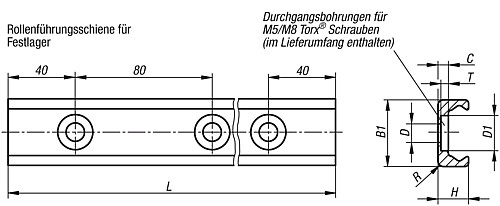 Norelem 21322-128X0400 FÜHRUNGSSCHIENE, FESTLAGER, L=400 MM - Norelem 21322-F Rollenfuehrungsschienen fuer Festlager