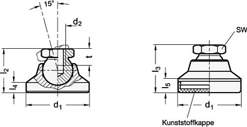 Ganter 343.5-25-M6-KR EDELSTAHL GELENKFUSS, KU KAPPE RUTSCHFEST - GN 343-5 Gelenkfuesse - Fuss - Gewindebuchse Edelstahl-Skizze