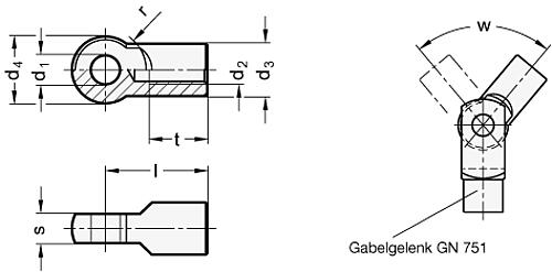 Ganter 752-10-M10-NI GELENKSTÜCK FÜR GN 751 - GN 752 Gelenkstuecke - Edelstahl-Skizze
