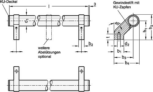 Ganter 333.2-28-242-A-ELS ROHRGRIFF, FÜßE VERSCHIEBBAR, ROHR ELOXIERT - GN 333-2 Rohrgriffe mit verschiebbaren Grifffuessen-Skizze