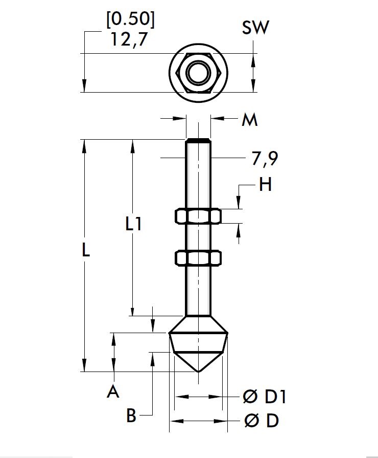 DESTACO 213208 Andruckspindel, Kegelform, Stahl verzinkt und passiviert, Zoll 1/4-20, L 57,2mm; L1 39,6mm - DESTACO 114-2-ZOLL Andruckspindel Kegel - Stahl verzinkt und passiviert - Inch-Skizze