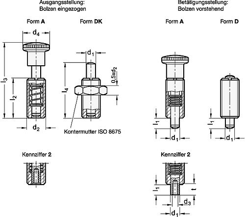 Ganter 313-10-A-1-ST FEDERBOLZEN - GN 313 Federbolzen - Stahl - Kunststoff Knopf-Skizze