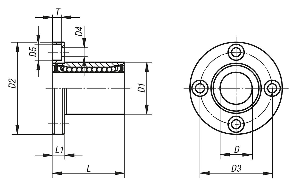 Norelem 21518-1202 LINEARKUGELLAGER D=12, MIT FLANSCH - NLM 21518 Linearkugellager  mit Flansch - Massblatt