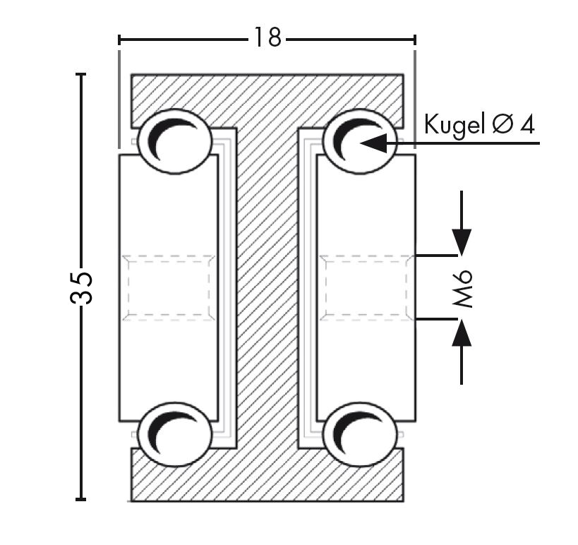Leschhorn HPTV 3518-15-ST Hochpräzise Schwerlast Teleskopschiene, Vollauszug, Profil 35x18; SL= 150, Gewinde= M6, Lastwert 60Kg, Stahl C45E+C (1.1191) verzinkt - LE HP3518 Profilquerschnitt