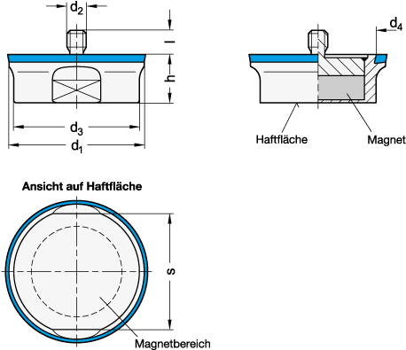 Ganter 5080-28-M4-N-A-MT-E  Neodym-Eisen-Bor, Gehäuse Edelstahl, mit Gewindezapfen, Hygienic Design, Durchmesser d1: 28, Gewinde d2: M 4, Werkstoff(Dichtring): E - EPDM - GN 5080 Neodym-Eisen-Bor - Gehaeuse Edelstahl -Gewindezapfen - Hygienic Design - Massblatt