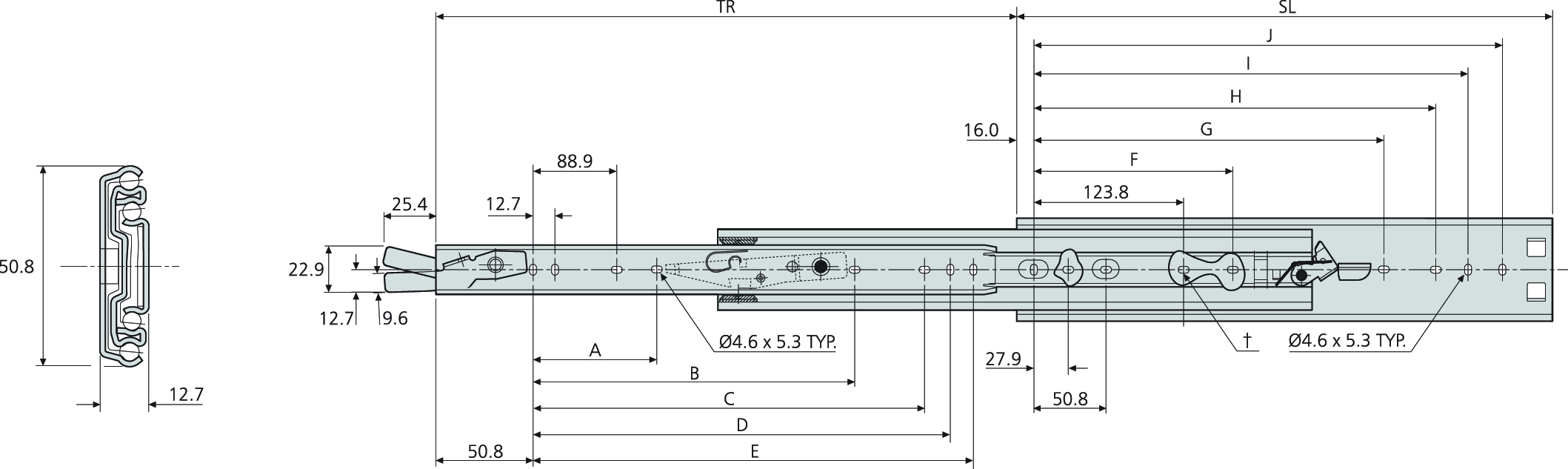 Accuride DZ3308-0028-2 Teleskopschienen 100% Überauszug, 12,7x50,8, SL 711, TR 737, 55kg, hell verzinkt - 3308 Accuride Teleskopschiene technische Zeichnung