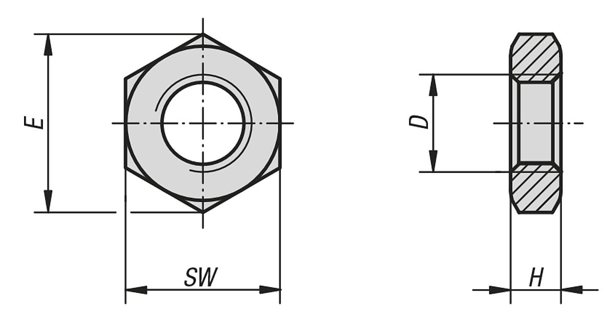 Kipp K0700.1203 SECHSKANTMUTTER NIEDRIGE FORM EDELSTAHL, M20X1,5, EDELSTAHL - DIN 439 Sechskantmuttern - niedrige Form KIPP K0700 - Massblatt