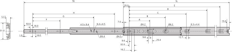 Accuride DZ3932-0025 Teleskopschienen 100% Vollauszug, 12,7x51,7, SL 250,TR 250, 68kg, hell verzinkt - Accuride 3932 Teleskopschienen - Vollauszug - 12 7x51 7 - bis 68kg-Skizze