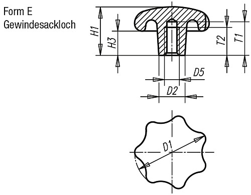Kipp K0149.54008 STERNGRIFF FORM E, D1=40, D5=M8, ALU, GEROMMELT - KIPP K0149-E Sterngriffe aehnlich DIN 6336 aus Alum
