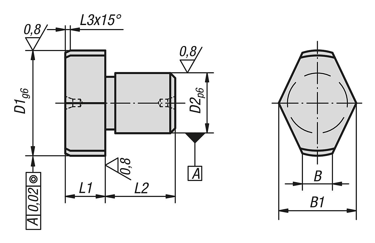 Norelem 03140-081 FREIGEFRÄSTER POSITIONSSTIFT    BR, GESCHLIFFEN  D1=14, D2=8 - NLM 03140 Freigefraeste Positionsstifte geschliffen - Massblatt