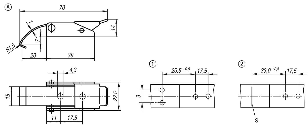 Kipp K0043.1430702 SPANNVERSCHLUSS MIT FEDERBÜGEL, FORM A, EDELSTAHL - K0043-SVA Spannverschluesse mit Federbuegel Form A - Massblatt