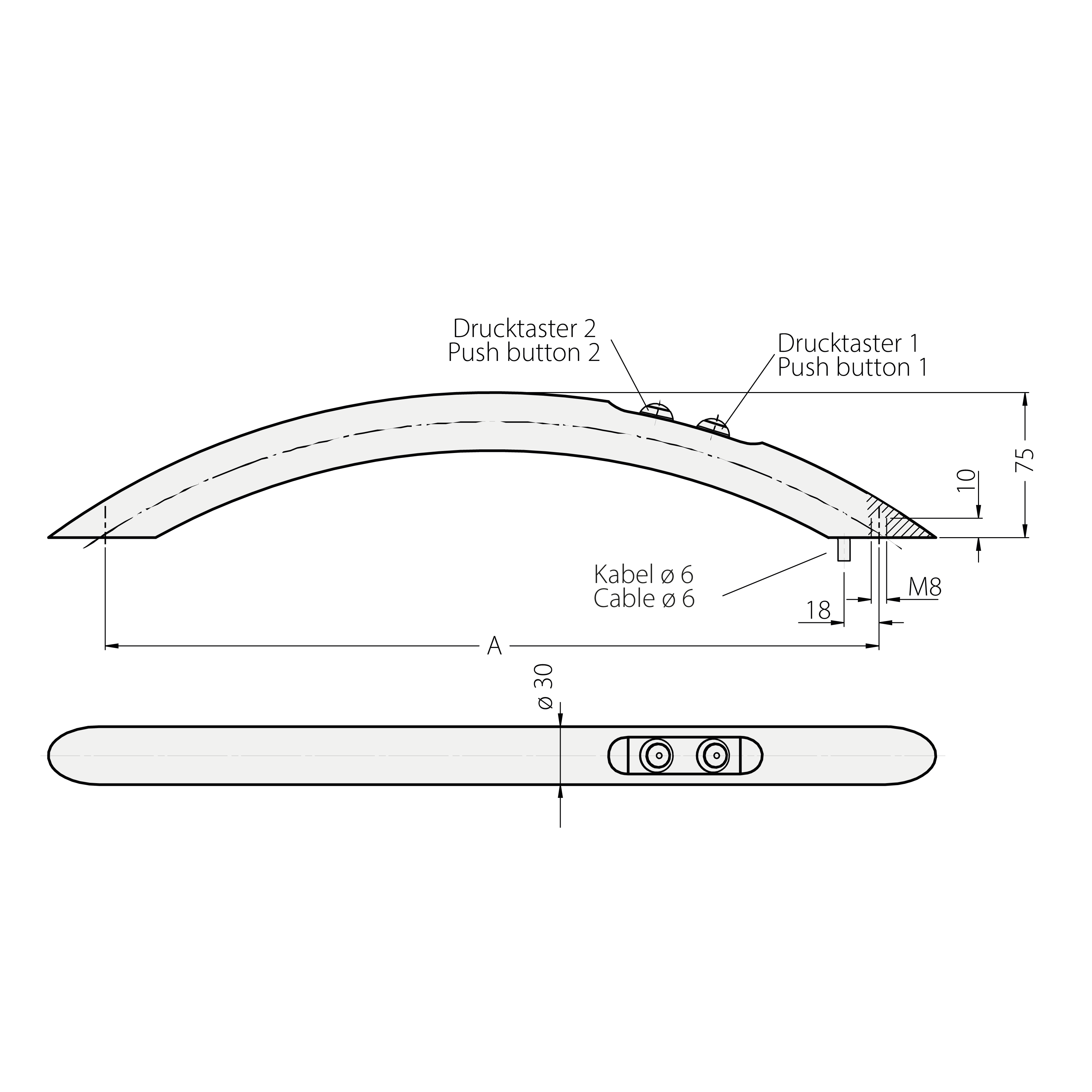 Leschhorn FG19-00.400.11 Gegengriff zu Bogen Funktionsgriffe ohne Schaltelemente, A 400, Eloxalausführung naturfarben - LE FG19 Bogen Funktionsgriffe mit LED - Massblatt