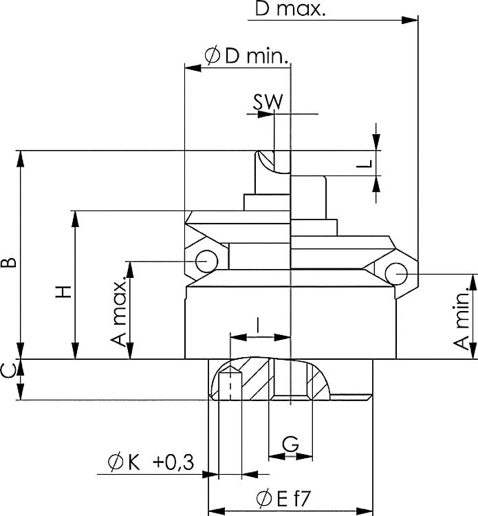 AMF 6383ZES-14 Zentrierspanner mit Schutz-Segmenten, D min.: 14,5, D max.: 18,5, H: 14,5, P: 3,5 kN - LE 6383ZES Zentrierspanner mit Schutz-Segmenten -Skizze