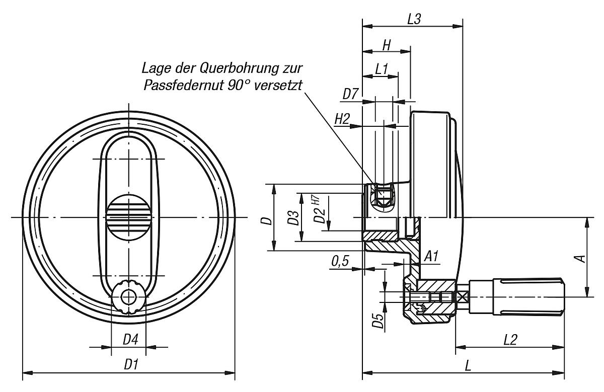 Kipp K0257.10801003 NOVO.GRIP HANDRAD M.ZYL.GRIFF DREHBAR, GR.1, D1=80, D=10H7, - K0257 Handraeder mit Zylindergriff drehbar - Massblatt