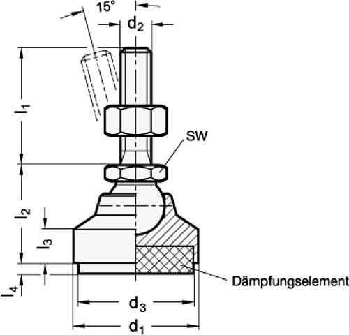 Ganter 342.2-32-M10-50-SV GELENKFUSS M.SCHRAUBE,SCHWINGUNGSDÄMPFEND - GN 342-2 Gelenkfuesse mit Schwingungsdaempfung - Stahl-Skizze