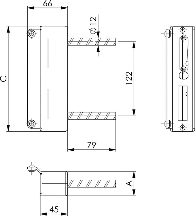 AMF 147-40 Schließkasten, verzinkt, für Kastenbreite: 40 mm, A: 40 mm, C: 173 mm - LE 147 Schliesskasten - verzinkt -Skizze
