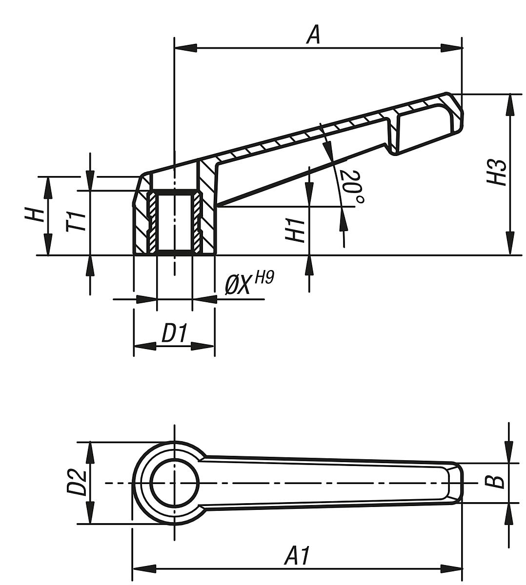 Kipp K0175.106001 KLEMMHEBEL UNVERSTELLBAR GR.1, PASSBOHRUNG 6H8 - K0175-PB Klemmhebel unverstellbar mit Passbohrung - Massblatt