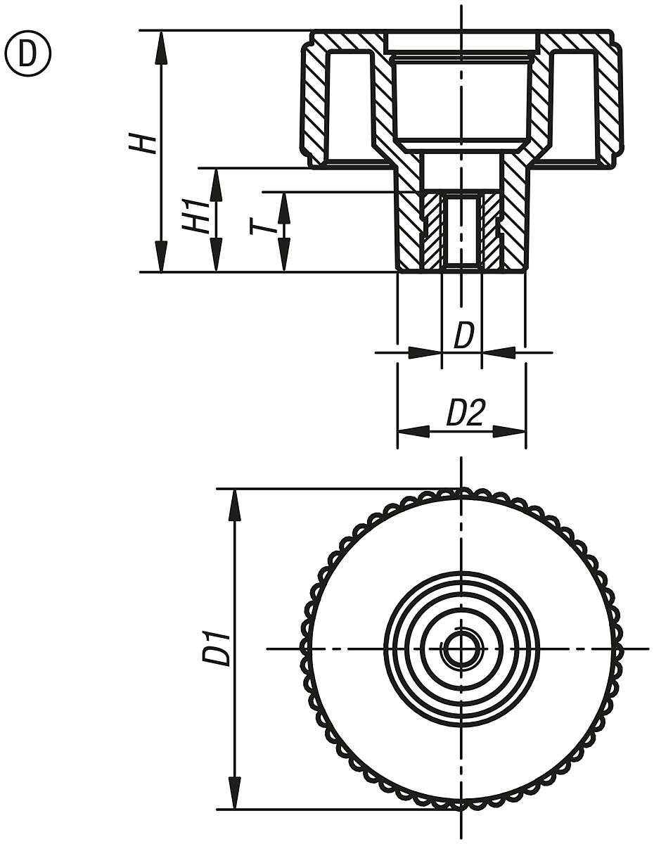 Kipp K0261.1310 NOVO.GRIP RÄNDELRAD  GR.3  FORM D  EDELSTAHL, D=63  M10 - K0261-D Raendelraeder mit Innengewinde - Stahlteile aus Edelstahl - Form D - Massblatt