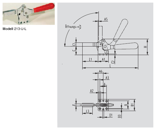 DESTACO 213-U Horizontalspanner Haltekraft 700N, Öffnungswinkel 90° - 213-U-L Horizontalspanner - offener Spannarm - Fuss abgewinkelt - ohne Spindel